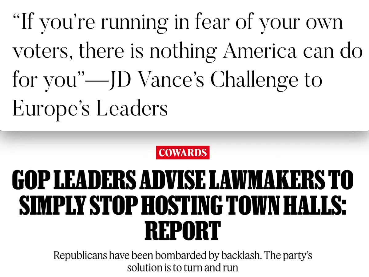 The image displays two stacked newspaper-style headlines. The top section quotes JD Vance: 'If you're running in fear of…
