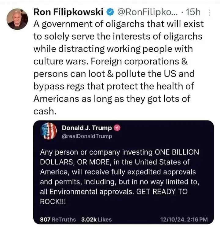 The image displays a screenshot of a tweet from Ron Filipkowski criticizing a government that serves oligarchs and allows…
