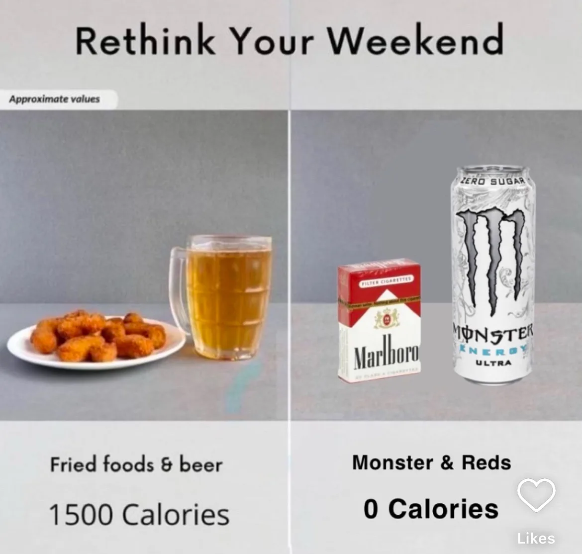 The image is split into two panels under the heading 'Rethink Your Weekend'. The left panel shows a plate of fried foods and…
