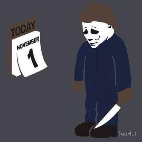 A cartoon illustration shows a character resembling Michael Myers from Halloween, wearing a white mask and blue coveralls…