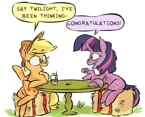 Two cartoon ponies sit at a small table outdoors. The pony on the left, with blonde hair and glasses, begins to speak with a…
