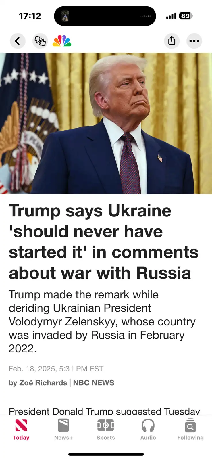 A screenshot of a news article from NBC News shows a photo of Donald Trump looking upward with a serious expression…