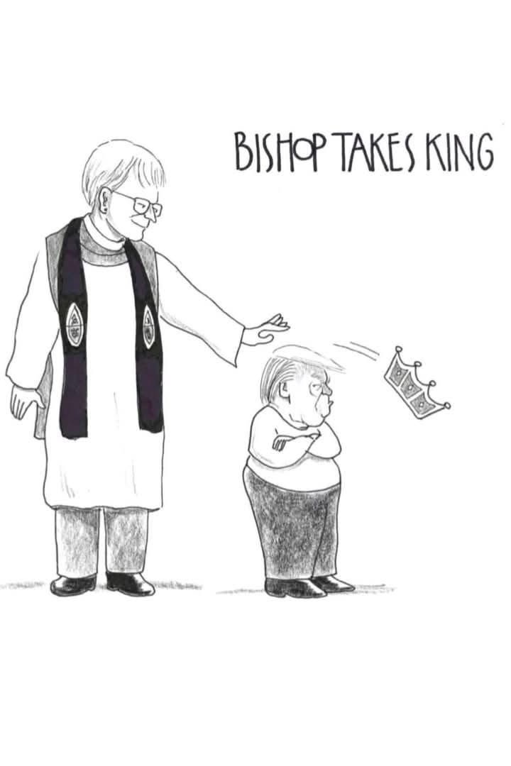 A black-and-white cartoon shows a clergyman in a robe and stole extending his hand toward a shorter, stout man with a…