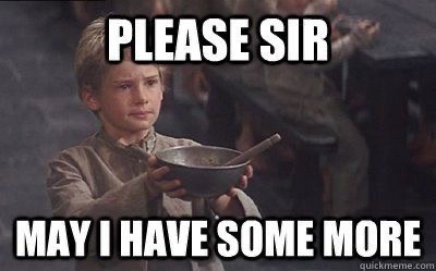 A young boy in a brown tunic holds a metal bowl with a wooden spoon, looking earnestly upward. The overlaid text reads…