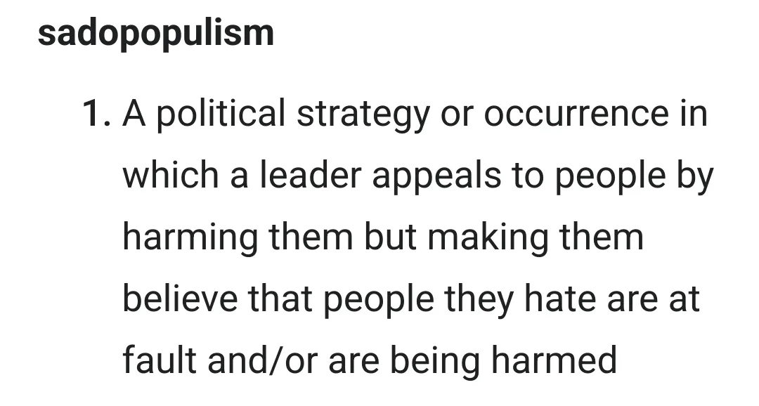 The image displays a plain white background with black text defining the term 'sadopopulism'. The definition reads: '1. A…