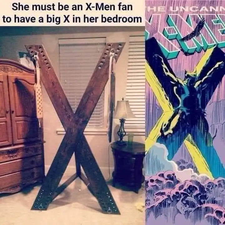The image is split: left side shows a large wooden 'X' structure in a bedroom next to a dresser and nightstand; right side…