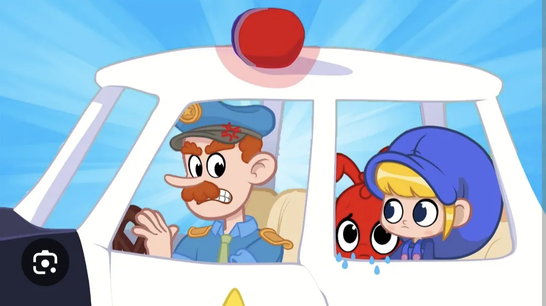 A cartoon police car with a red light on top shows a stern-looking officer in the driver's seat and a crying red crab and a…