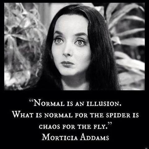 A black-and-white still of Morticia Addams from The Addams Family, looking upward with wide eyes. Below her image, white…