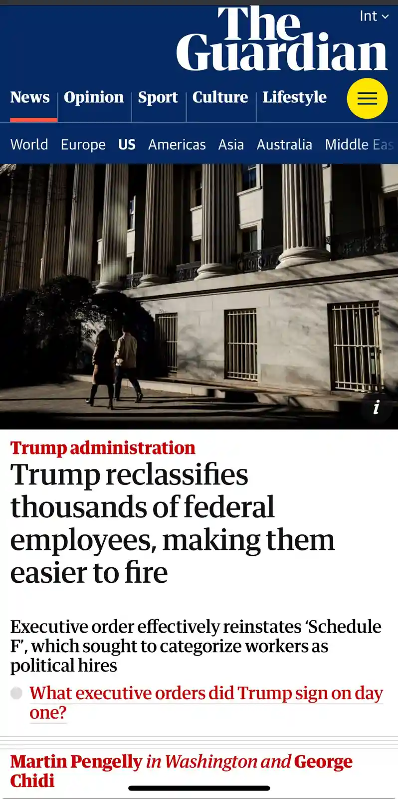 A screenshot of The Guardian's news article headline about the Trump administration reclassifying federal employees to make…