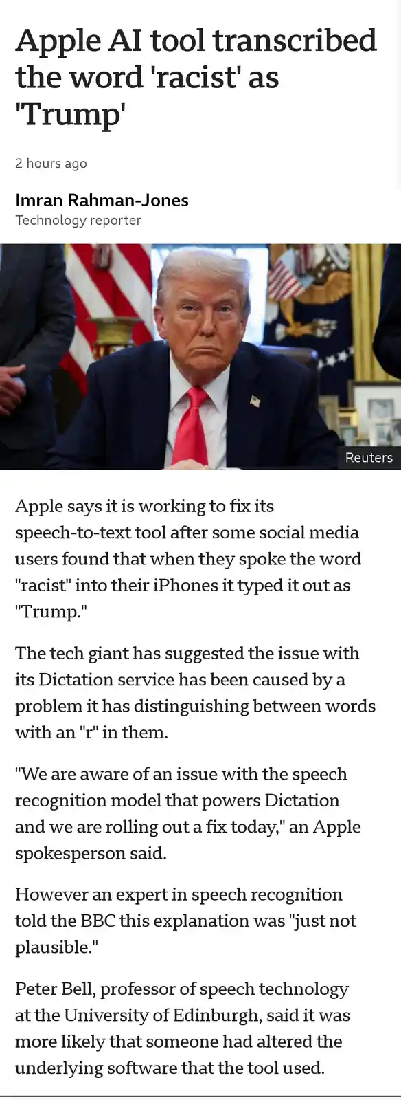 A screenshot of a news article shows a photo of Donald Trump looking stern, with the headline 'Apple AI tool transcribed the…