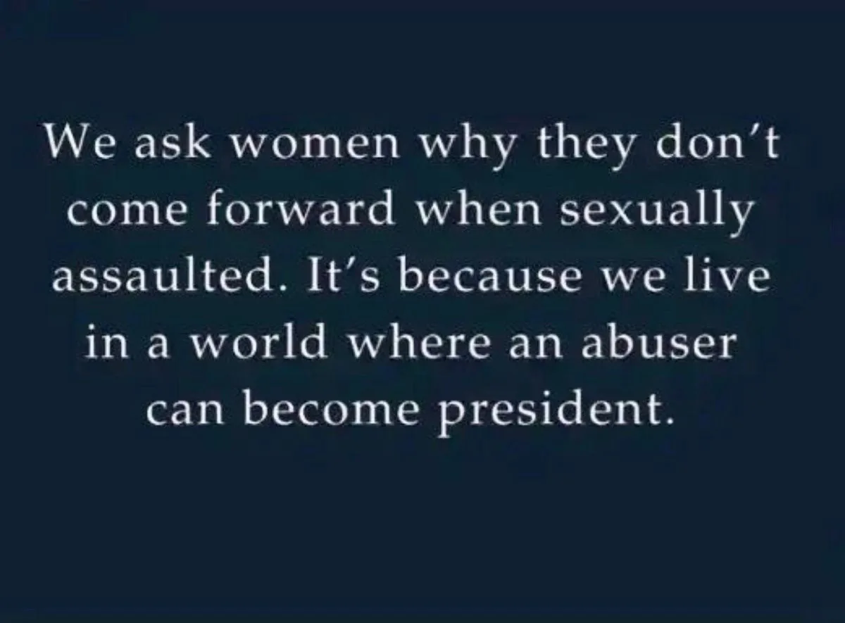 A dark blue background displays white text that reads: 'We ask women why they don't come forward when sexually assaulted…
