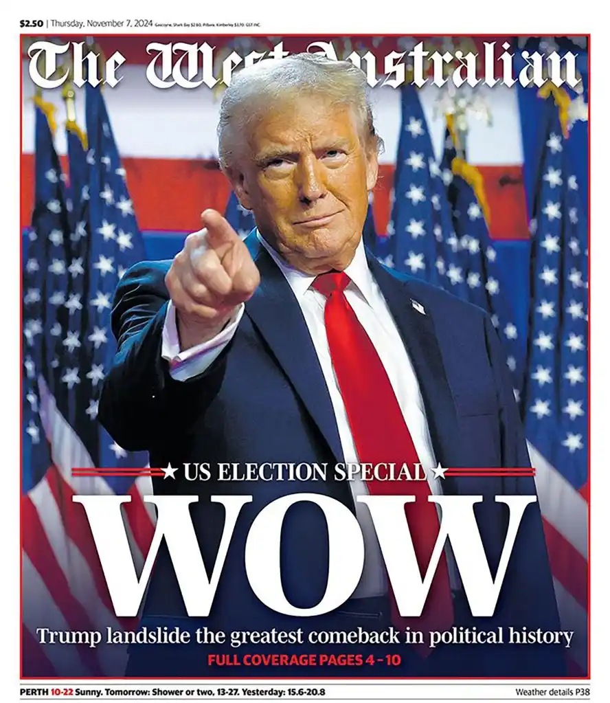 A digitally altered newspaper front page of 'The West Australian' from November 7, 2024, featuring Donald Trump pointing…