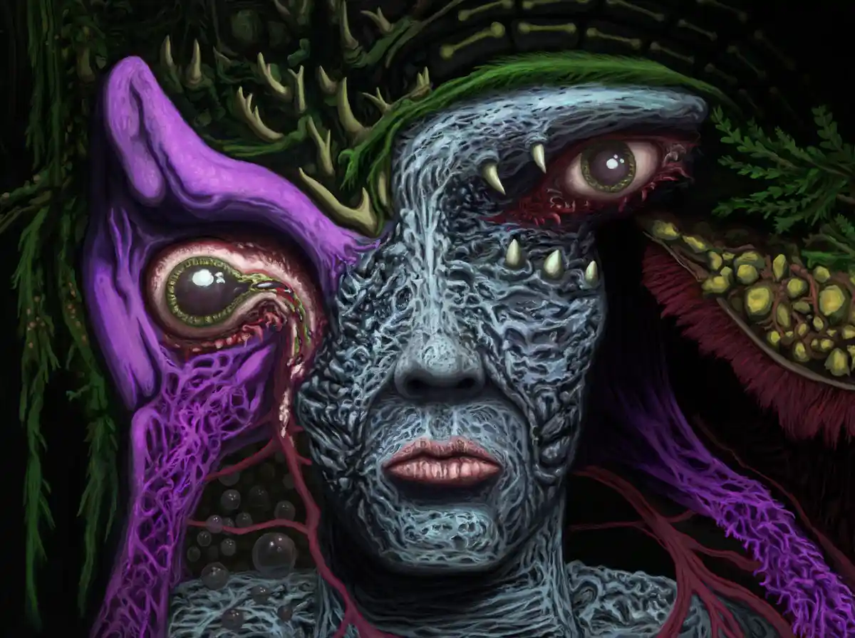 A digitally rendered, grotesque humanoid face with textured, greyish-blue skin, two large, bulging eyes with green irises…