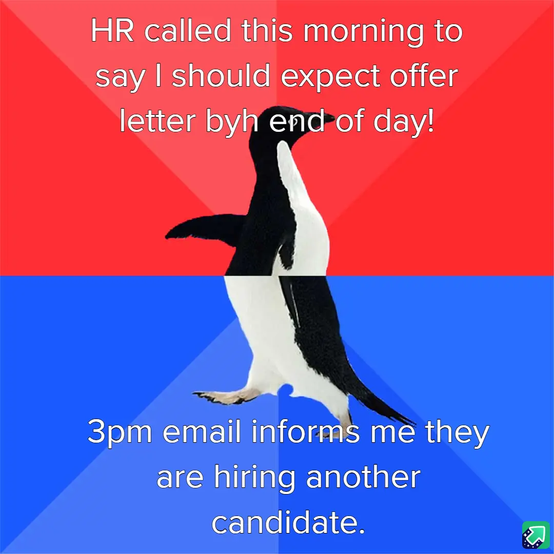 A penguin stands centered against a red and blue background, split horizontally. White text in the red top half reads 'HR…