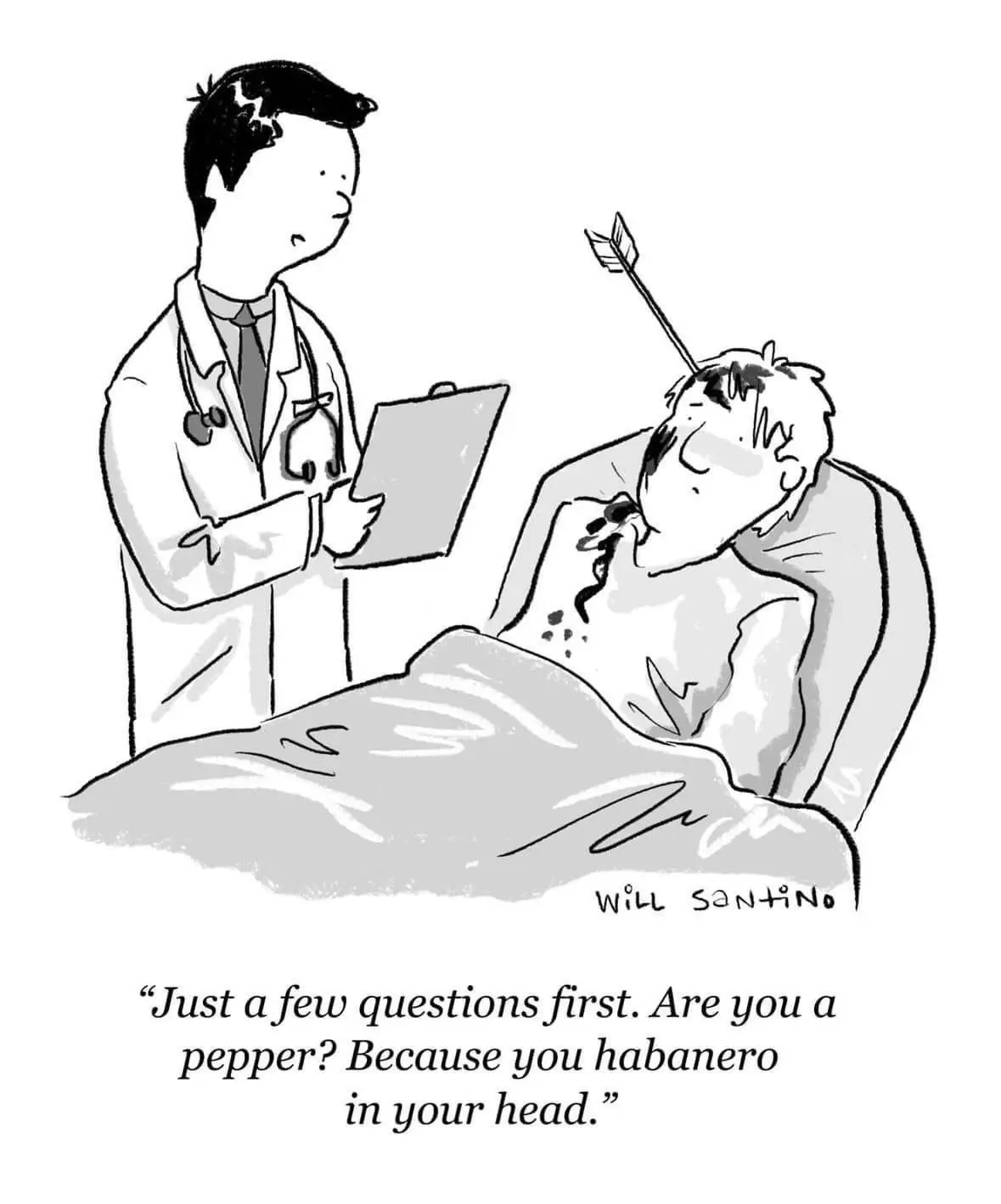 A black-and-white cartoon shows a doctor holding a clipboard while standing beside a patient in a hospital bed. The patient…