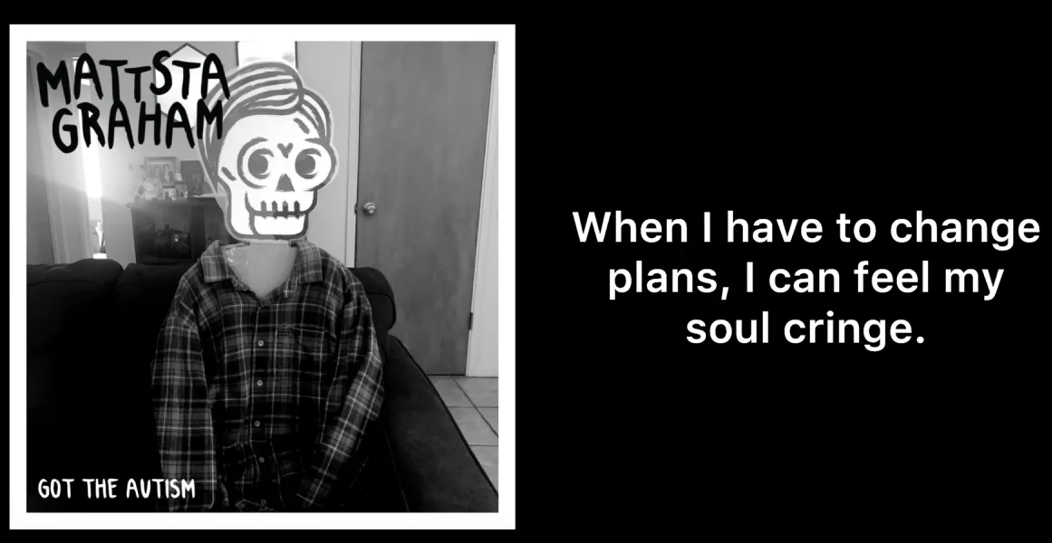 A black-and-white photo shows a person sitting on a couch wearing a plaid shirt, with a cartoon skull drawn over their face…