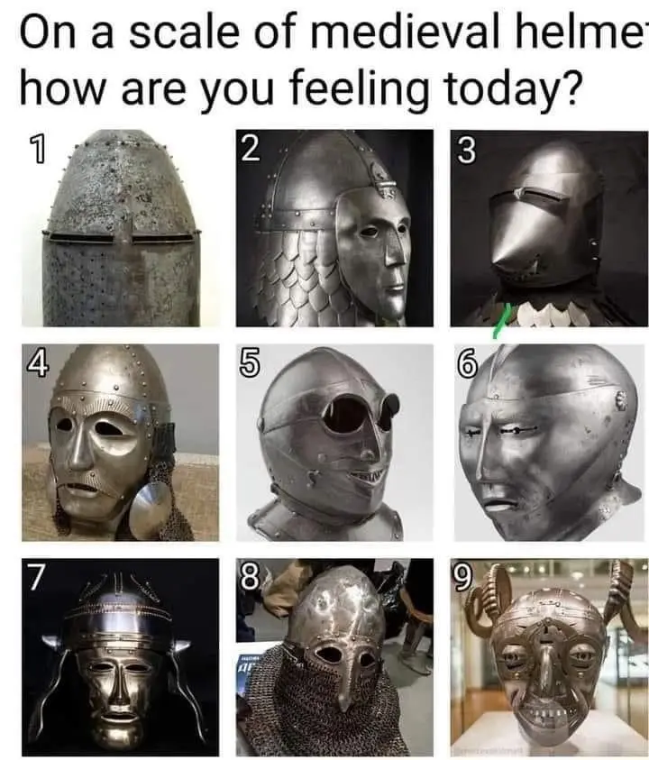 The image displays nine numbered medieval helmets arranged in a 3x3 grid, each with a distinct design and facial expression…