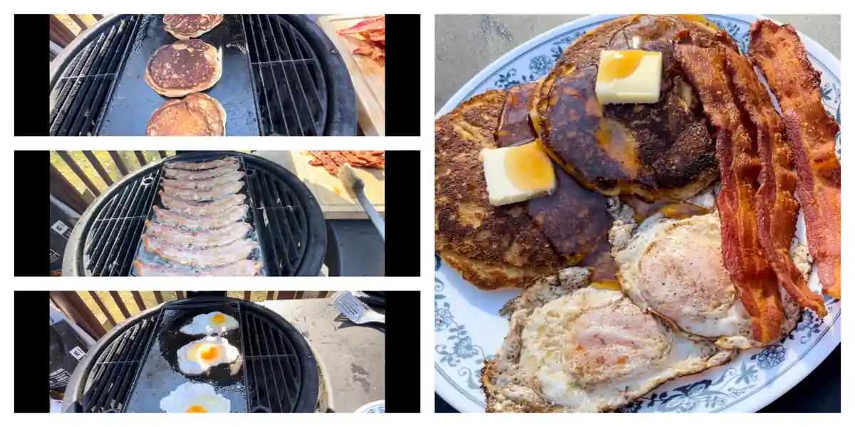 The image shows a collage of three photos on the left depicting pancakes, bacon, and eggs being cooked on a grill, and one…
