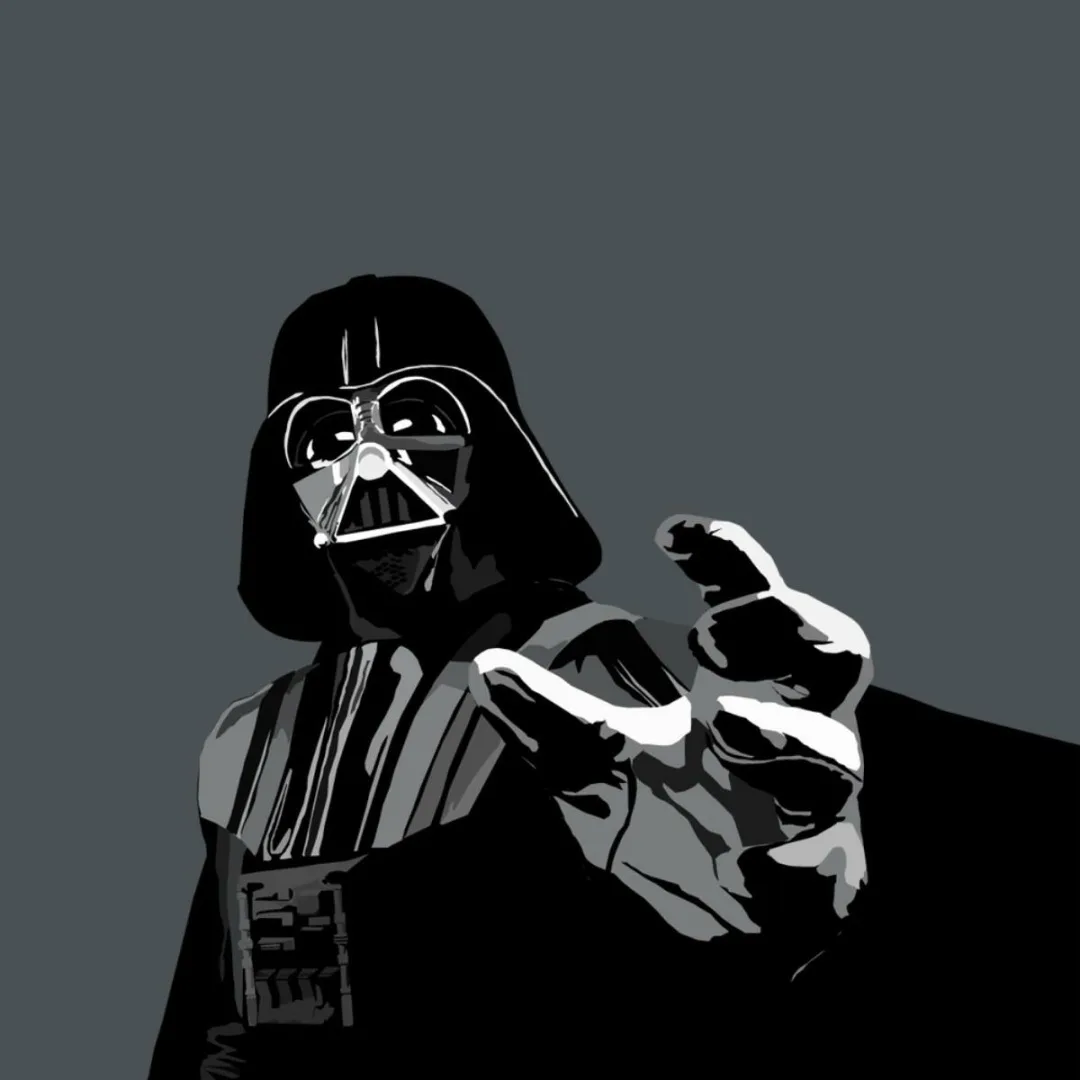 A stylized, high-contrast illustration of Darth Vader from Star Wars, shown in a dark grey background, pointing his gloved…