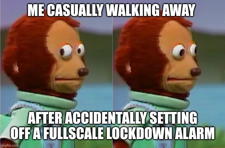 The image shows a split-screen of a puppet monkey with a blank, unbothered expression. The top text reads 'ME CASUALLY…