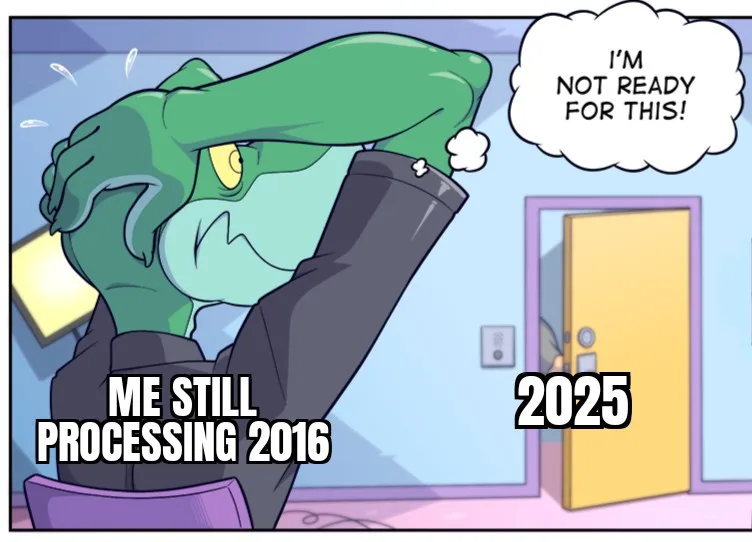 A green-skinned cartoon character with yellow eyes sits in a chair, covering their face with one hand in distress. A thought…
