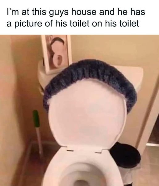 A white toilet with the lid up and a dark blue fuzzy toilet seat cover is shown. On the back of the toilet tank, there is a…