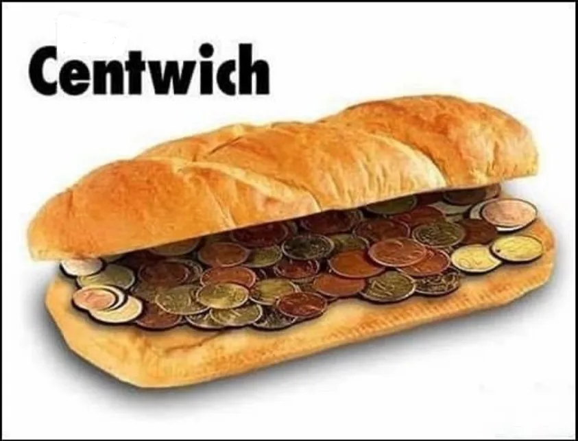 A long, golden-brown sandwich bun is split open and filled with a large pile of various coins, resembling a sandwich. The…