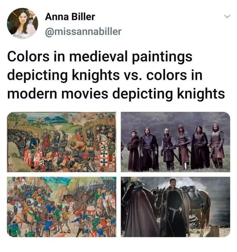 The image displays a four-panel comparison: two medieval paintings showing knights in bright, varied colors like red, blue…