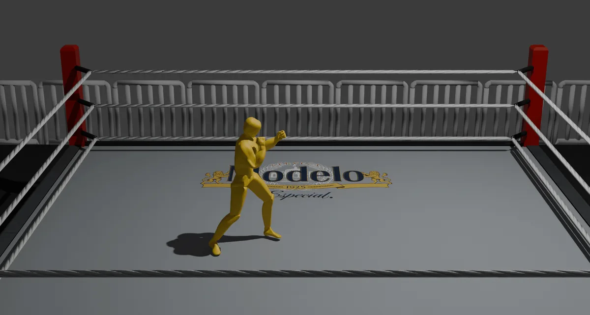 The image shows six panels arranged in two rows of three, each depicting a golden, featureless humanoid figure in a boxing…