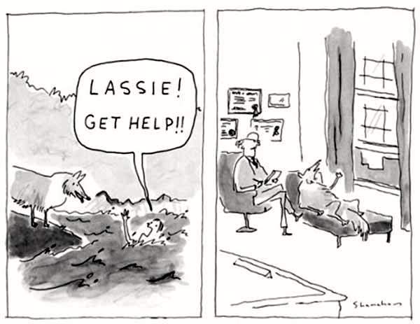 A two-panel black-and-white comic strip. Left panel: A dog (Lassie) stands on a cliff yelling 'LASSIE! GET HELP!!' as a…