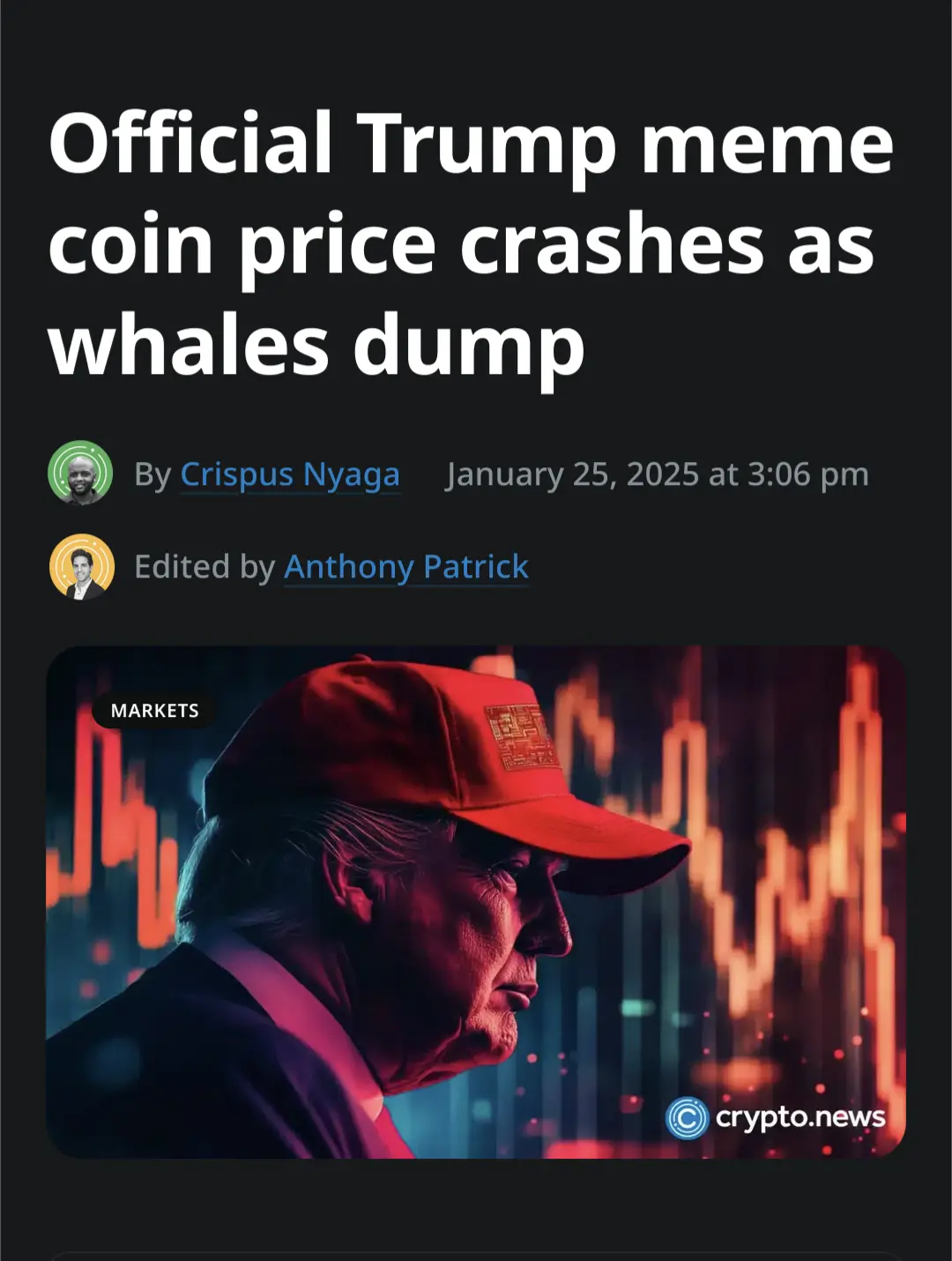 An image styled as a news article header shows a side profile of Donald Trump wearing a red cap with a circuit board patch…