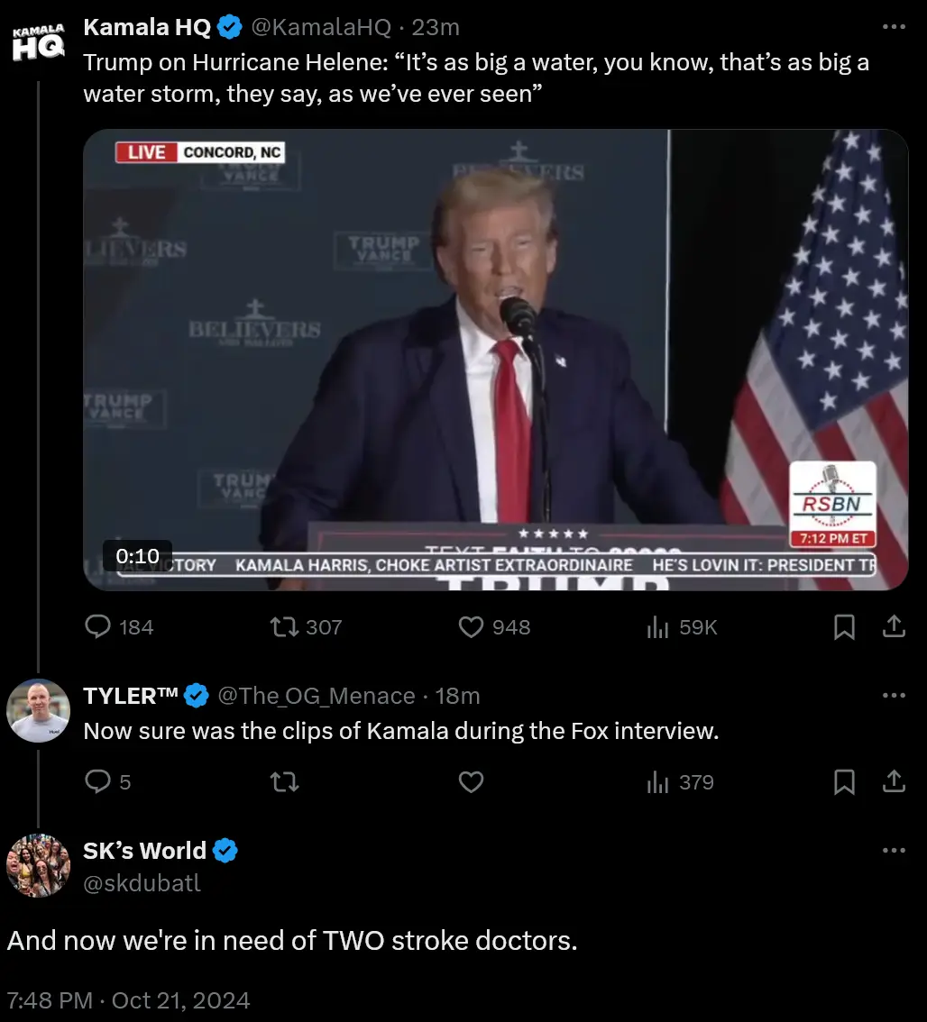 A screenshot of a tweet from Kamala HQ showing a video clip of Donald Trump speaking at a podium with an American flag to…