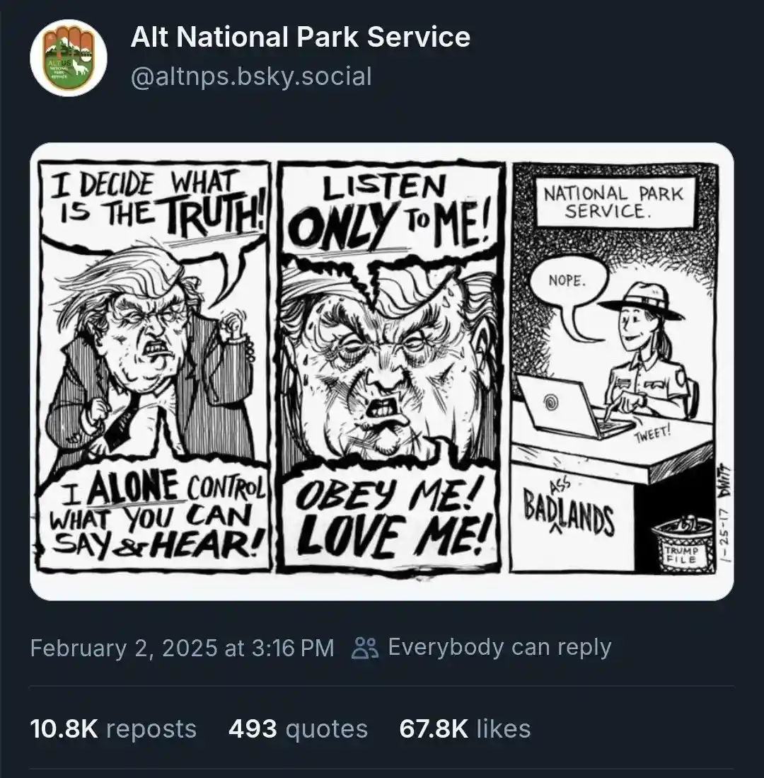 A three-panel black-and-white comic strip shows a caricature of Donald Trump shouting 'I decide what is the truth!' and 'I…