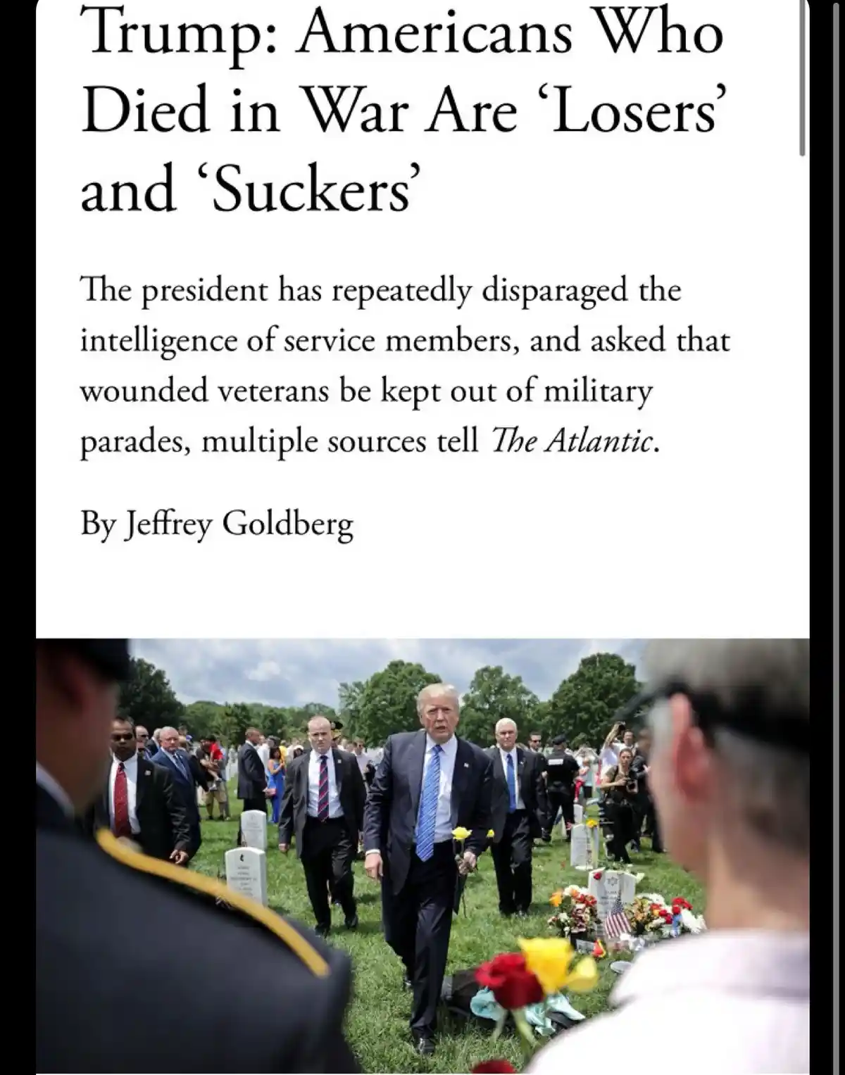 The image displays a newspaper article headline criticizing Donald Trump for disparaging fallen soldiers and wounded…