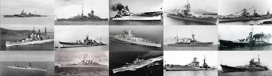 A black-and-white collage of 12 historical naval warships, mostly battleships and cruisers, shown in various sea conditions…