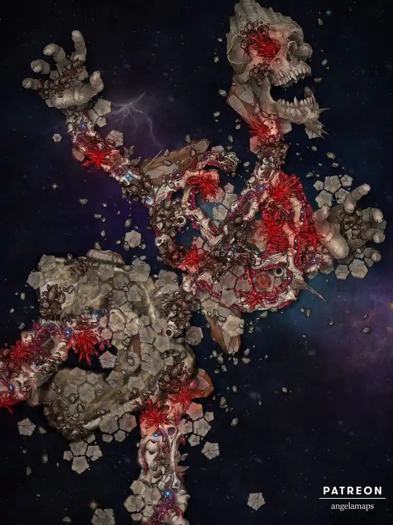 A cosmic, skeletal figure composed of bones, skulls, and red crystalline growths floats in space, surrounded by floating…