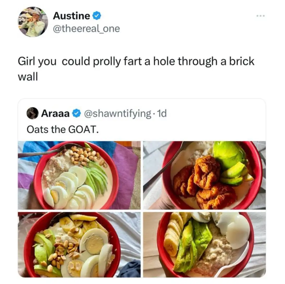 A screenshot of a Twitter thread where user 'Araaa' posts four photos of a red bowl filled with oatmeal topped with sliced…