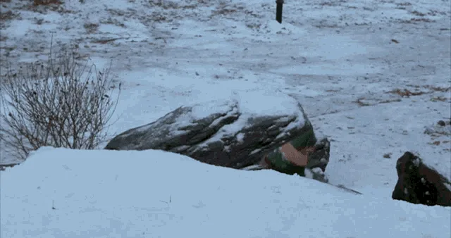A sequence of six panels shows a young man in a green jacket and hat, partially buried in snow, initially holding a…
