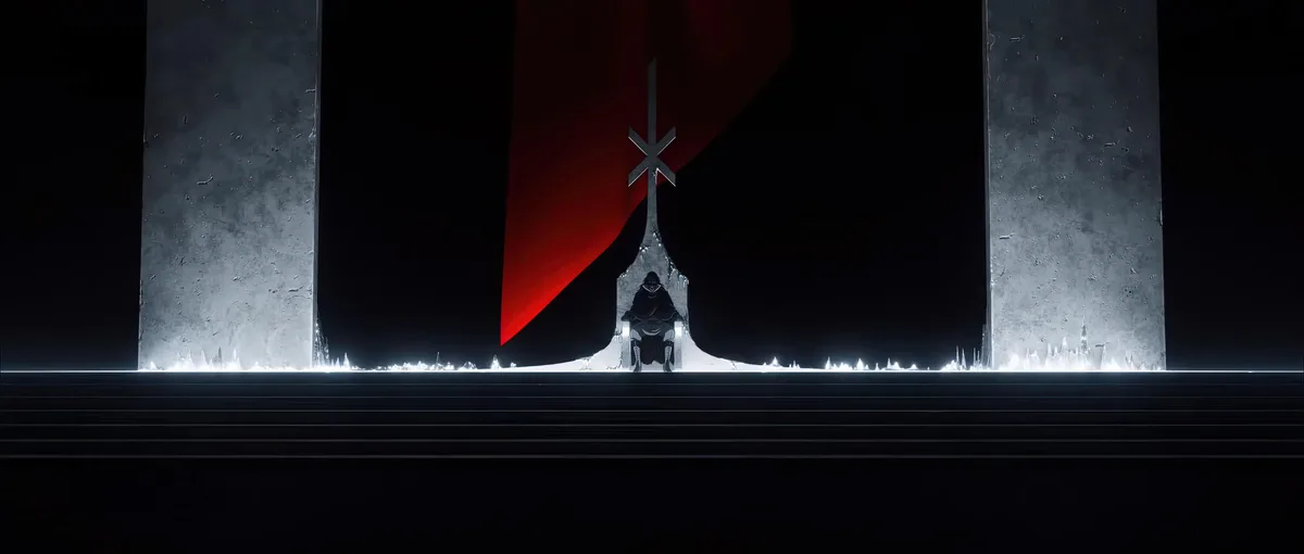 A dark, cinematic image shows a lone figure seated on a throne-like chair, flanked by two massive, textured pillars. Behind…