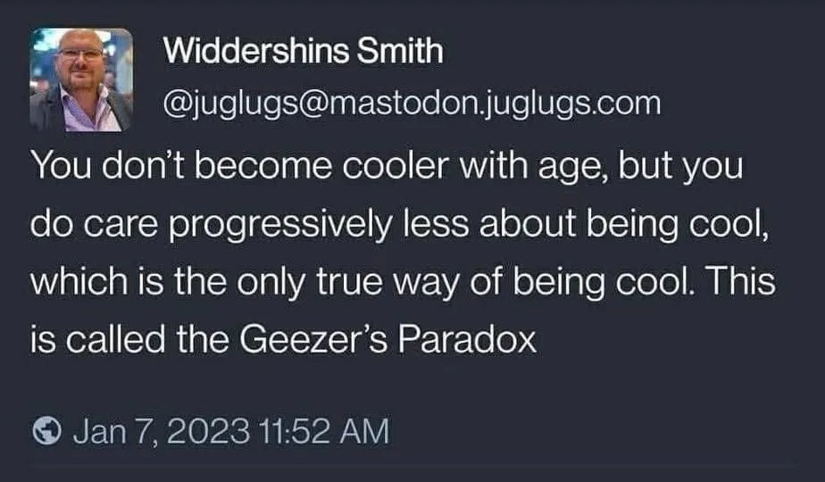 A screenshot of a Mastodon post by user Widdershins Smith, featuring a photo of a balding man with glasses. The post's text…