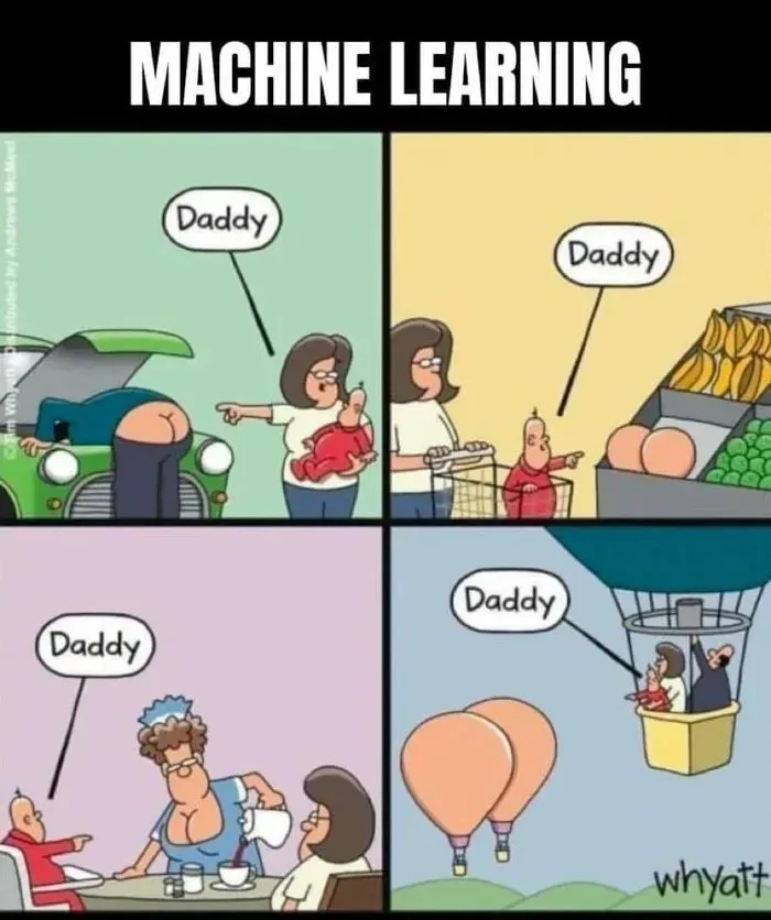 A four-panel comic strip titled 'MACHINE LEARNING' shows a baby repeatedly calling 'Daddy' while pointing at different…