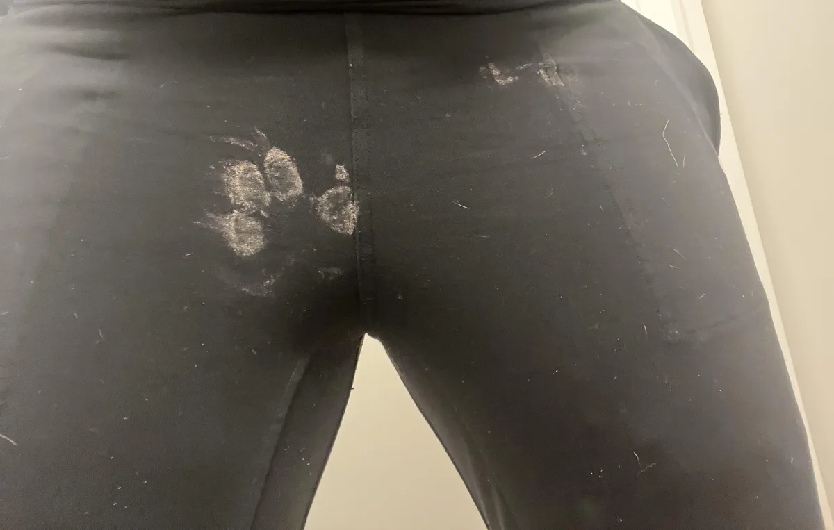 A close-up photo shows the back of black pants with a large, light-colored paw print stain on the left side and smaller…