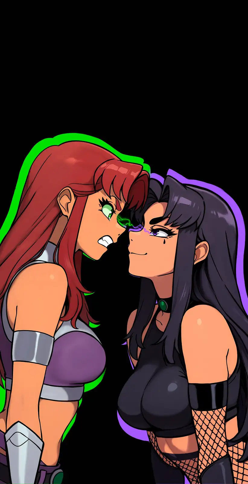 Two anime-style female characters face each other nose-to-nose against a black background. The character on the left, with…