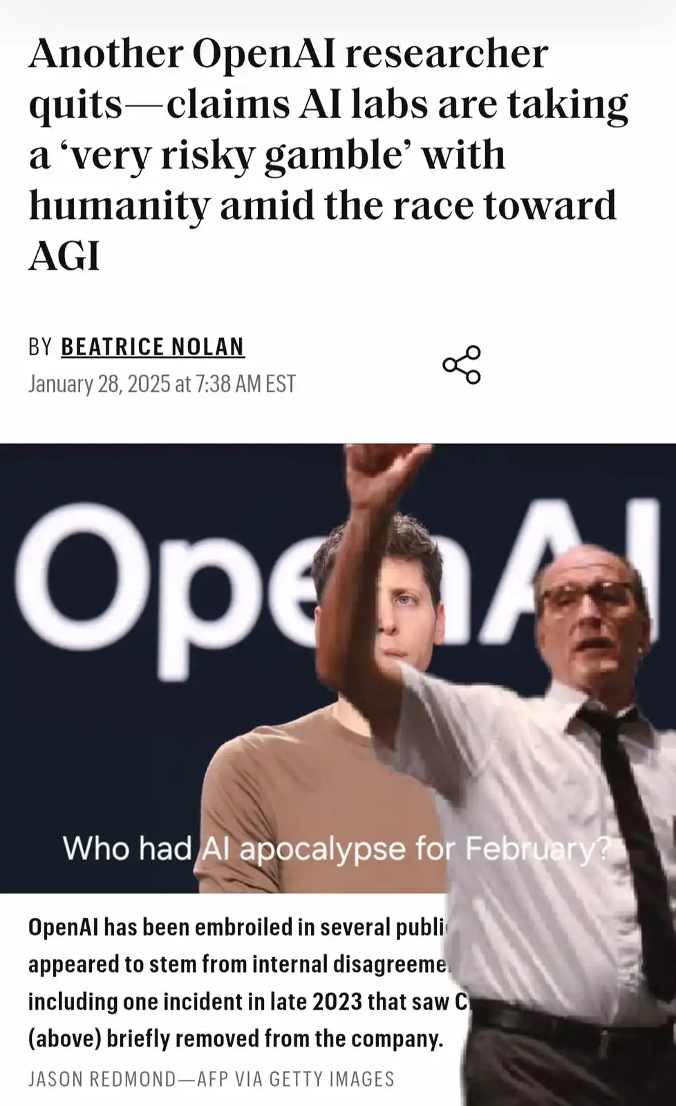 A screenshot of a news article about an OpenAI researcher quitting over AI safety concerns, overlaid with the text 'Who had…