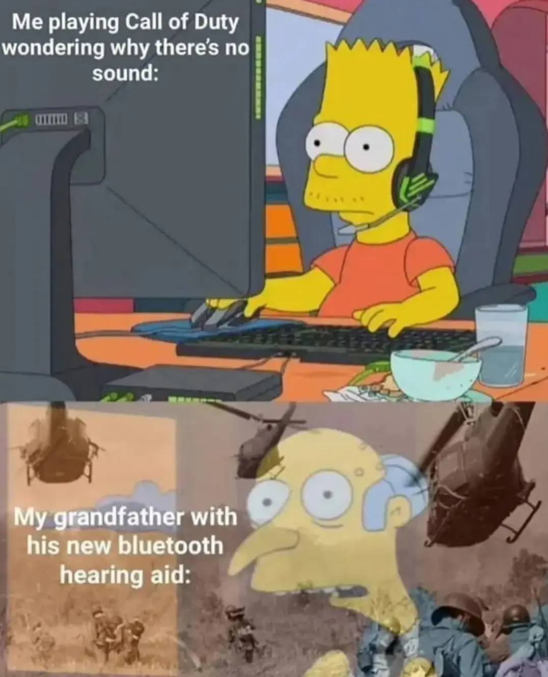 The top panel shows Bart Simpson wearing a gaming headset while playing a computer game, looking confused. The bottom panel…
