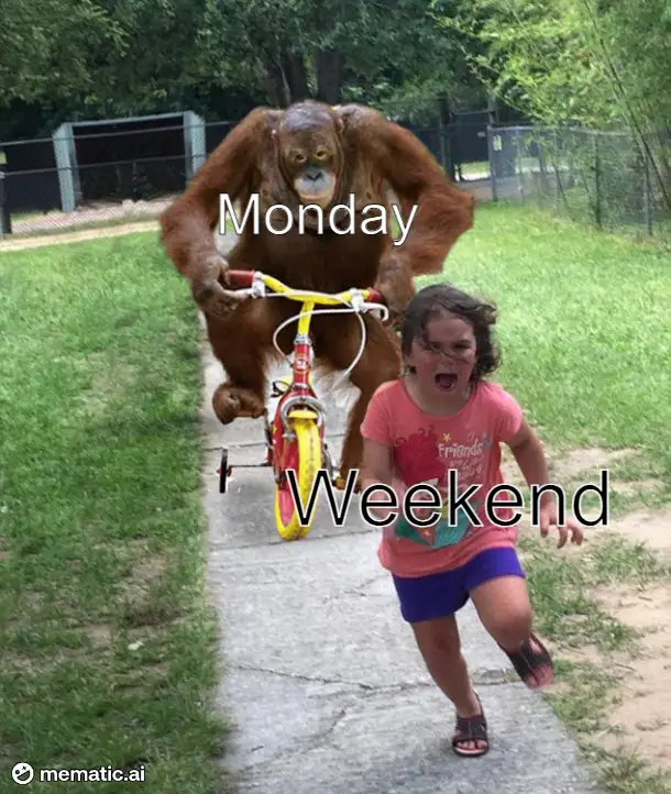 An orangutan is riding a small yellow bicycle labeled 'Monday' while chasing a screaming child labeled 'Weekend' on a paved…