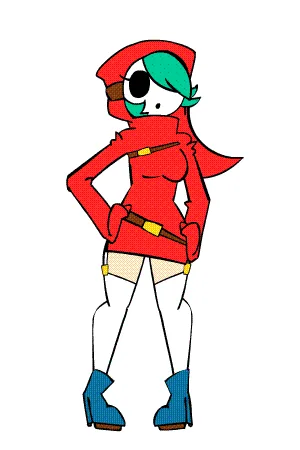 Six panels show an anime-style female character in a red hooded outfit, blue boots, and beige shorts, posing with hands on…