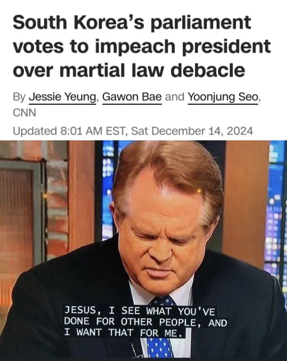 A screenshot of a CNN news article headline about South Korea's parliament voting to impeach its president over martial law…