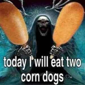 A skeletal figure resembling the Grim Reaper, with a dark hood and glowing eyes, holds two large corn dogs, one in each…