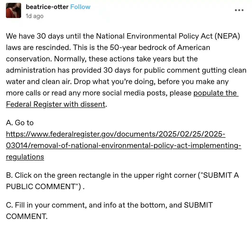 A screenshot of a social media post urging immediate action to submit public comments to the Federal Register to oppose the…